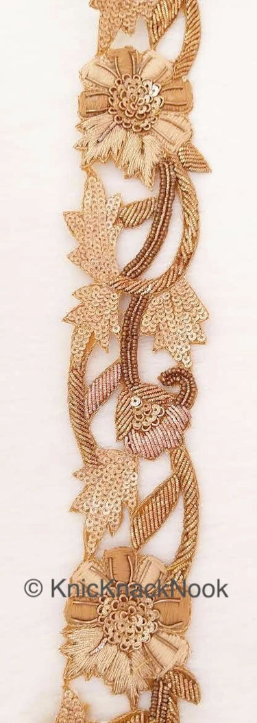 Cutwork Lace Trim Hand Embroidered In Brown & Gold Flowers Zardozi Embroidery, Gold Sequins and Gold Beads, Floral Trim